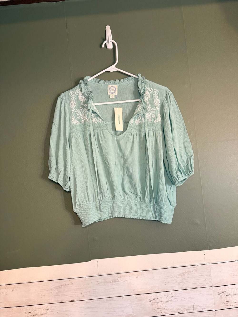 Blue Rain Embroidered Blouse Size S Sage Green Smocked Short Sleeve